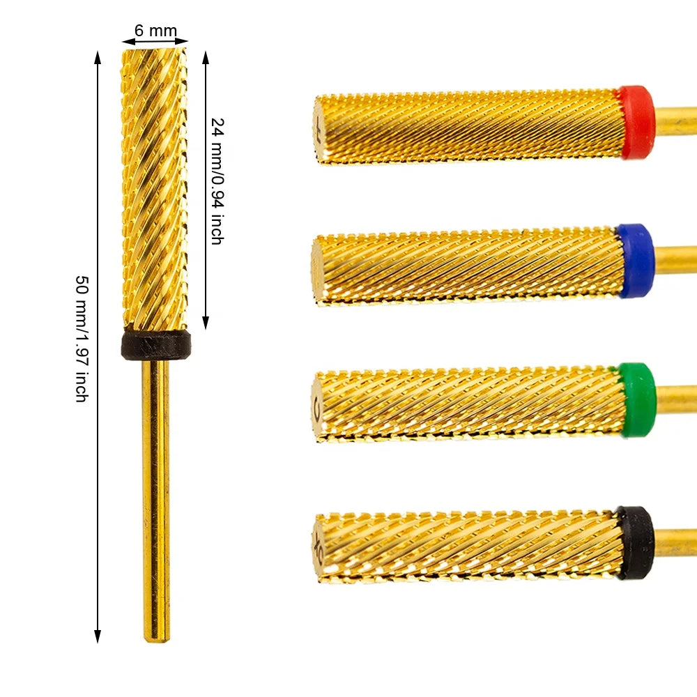3/32" Gold Acrylic Strong Sharp Professional 6.0mm Grinding Head Efile Drill Barrel 24mm Super Long Tungsten Carbide Nail Bit