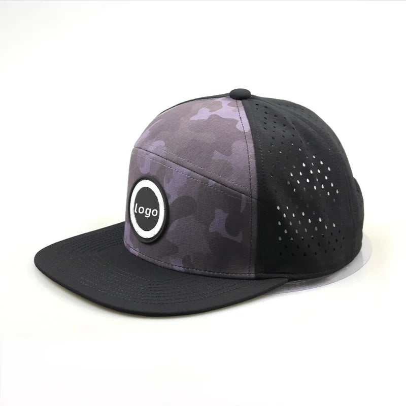 Men's Custom Camo 6-Panel Golf Hat Waterproof Jersey Baseball Cap Flat Brim Laser Perforations Sporty Breathable Logo Design