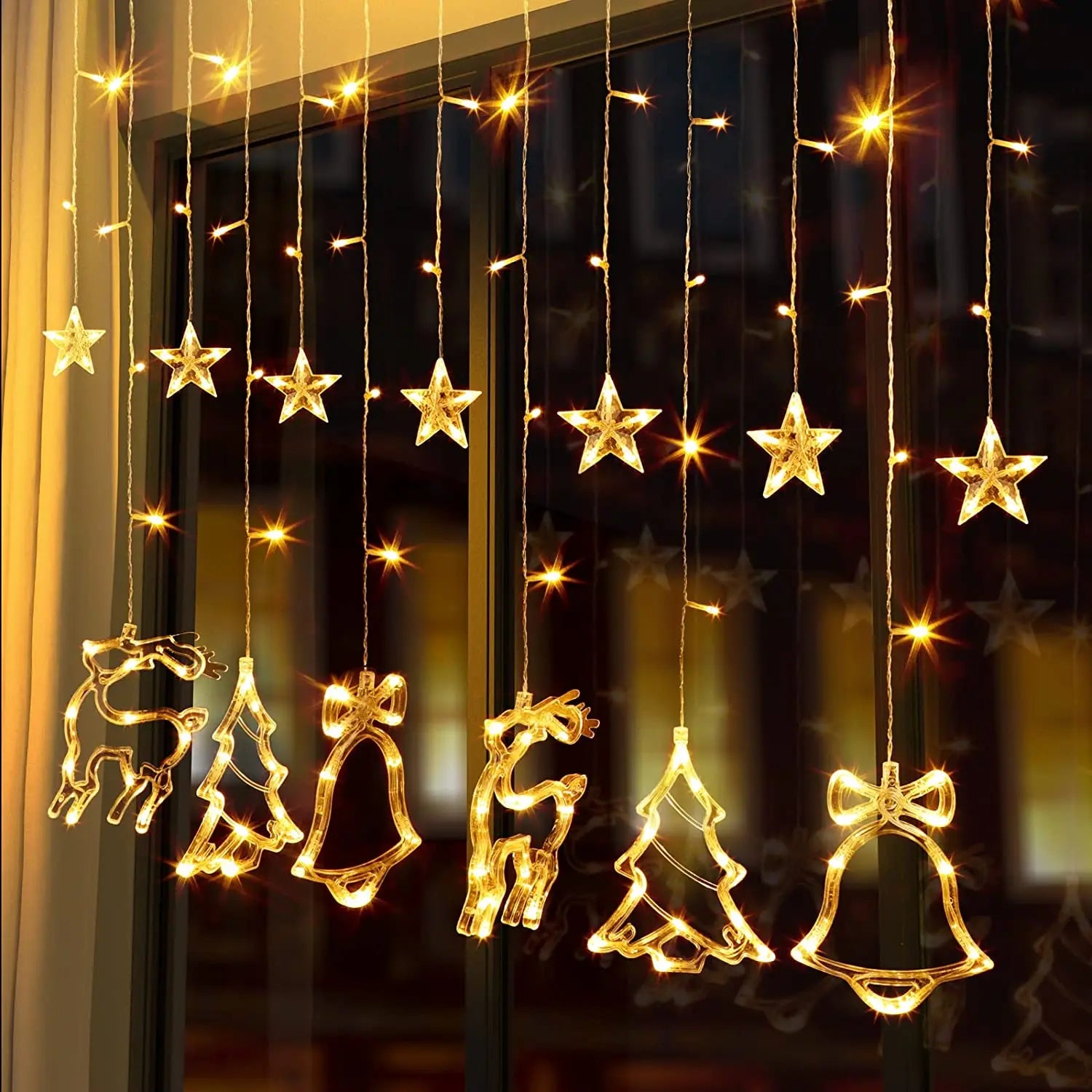 Northland LED Christmas Ornaments Window Curtain Lights 138 LEDs Star Jingle Bell Elk Xmas Tree Decor LED Fairy String Lights