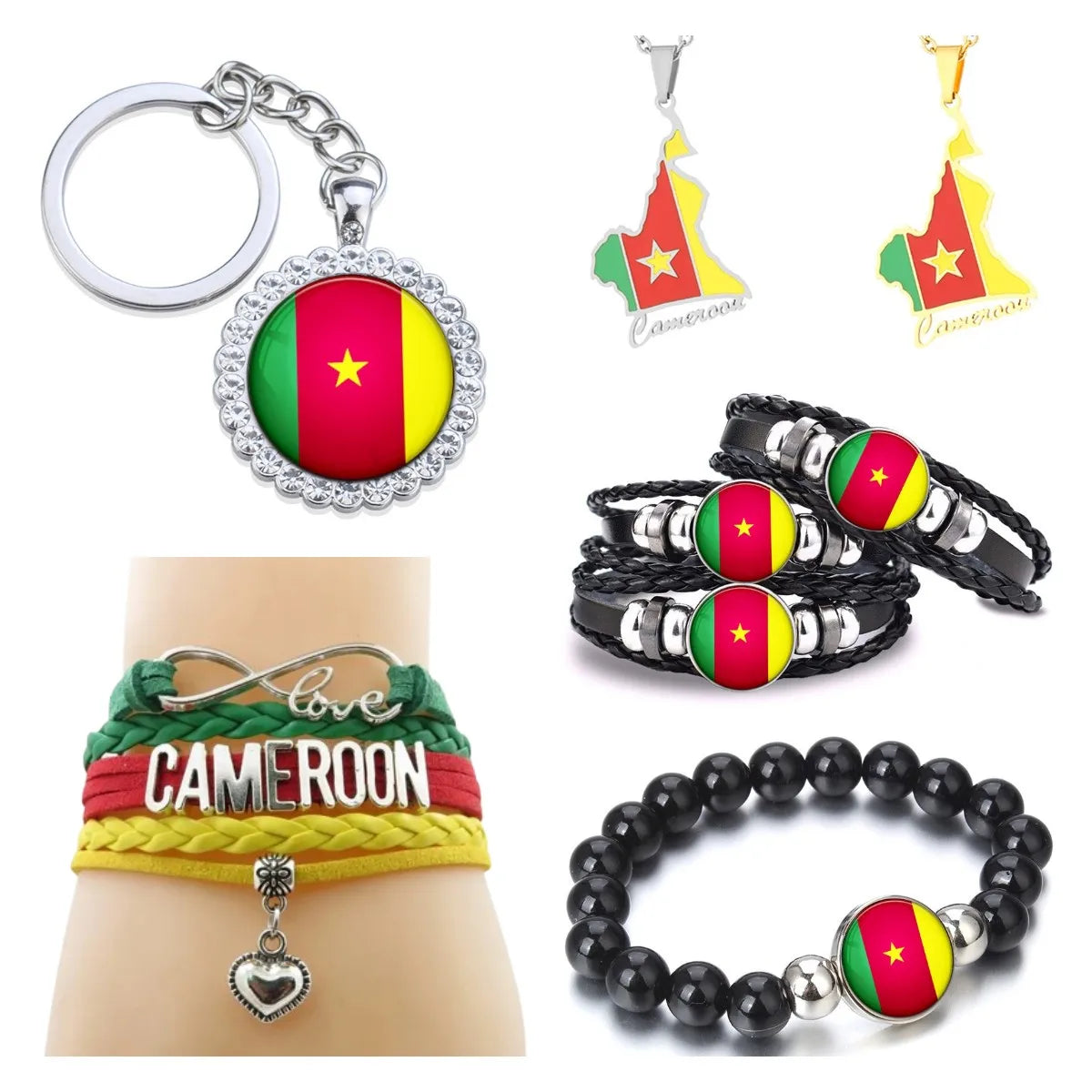50 Models Cameroon Flag Map Pendant Key Chain Ring Cuff Link Tie Clip Necklace Bracelet Earrings Brooch Lapel Pin Jewelry Set
