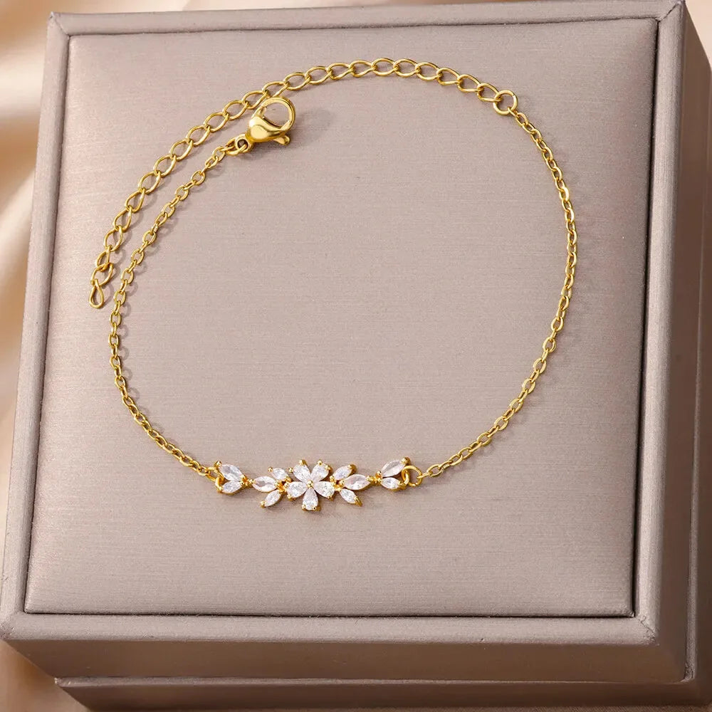 Elegant Luxury Gold Stainless Steel Bracelet for Women and Girls Zircon Flowers and Plant Charm Stylish Fashion Bangles