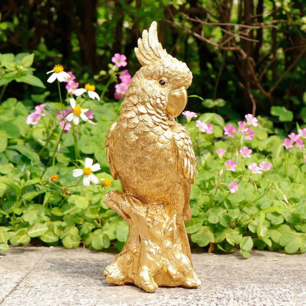 Golden Parrot Resin Figurine Hand-painted Imitation Tree Stump Base Elegant Luxurious Holiday Interior Decoration Accessory for