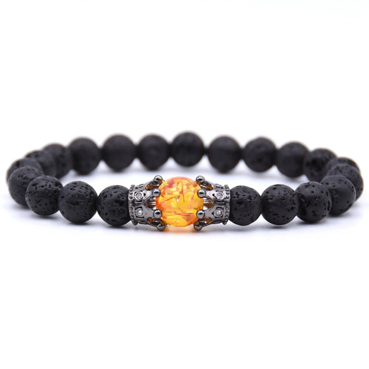 Black Crown Gemstone Beaded Stretch Bracelet Syn. Amber Charms 8mm Stone Protection Healing Quartz Crystal Stretch Beaded