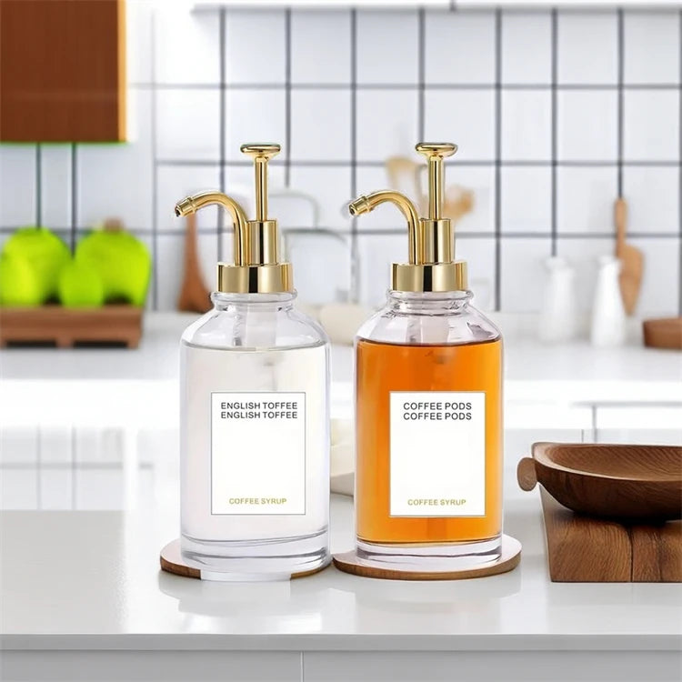 Customized 350ml 500ml Coffee Syrup Dispenser Glass Bottle Olive Oil Bottles With Oil Pourer Lid Oil and Vinegar Dispens