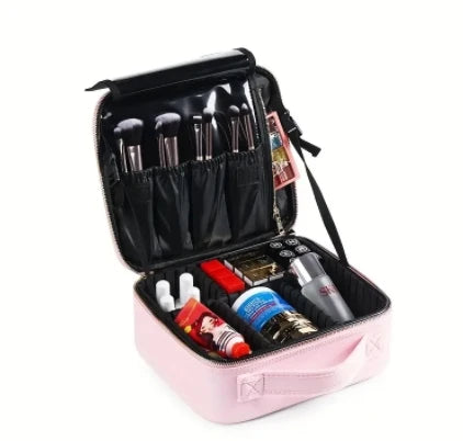 Portable PU Leather Makeup Bag with Geometric Pattern Nylon Travel Organizer Cover Closure for Artist Storage