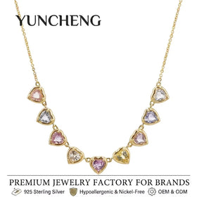 YUNCHENG Custom Women's Party Jewelry-14K Gold Colorful Sapphire White Heart Shaped Cubic Zirconia Strand 925 Silver Necklace