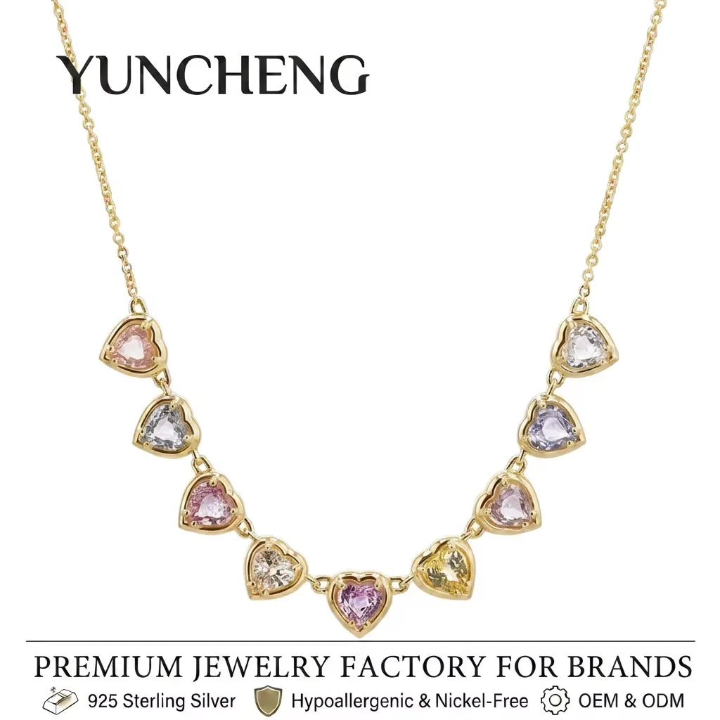 YUNCHENG Custom Women's Party Jewelry-14K Gold Colorful Sapphire White Heart Shaped Cubic Zirconia Strand 925 Silver Necklace