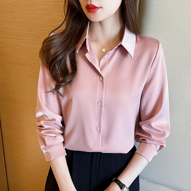 SATIN Long Sleeve Blouse Button up Shirt Women Summer New Female Elegant Ladies Tops High Quality Office Lady