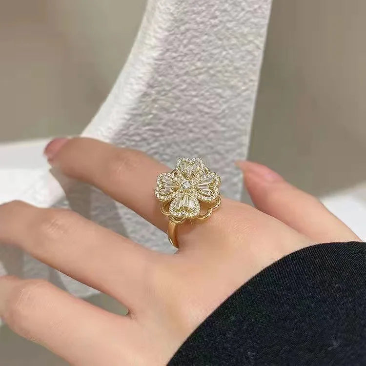 New Rotating Adjustable Women Rings Double-layer Rotating Clover Crystal Personality Ring Gold Plated Creative Design