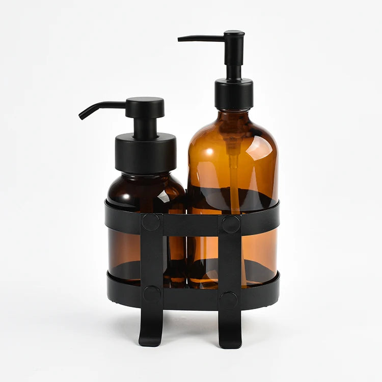 3 Pcs Glass Bathroom Accessories Foaming Soap Dispenser with Metal Rack Lotion Bottle Holder