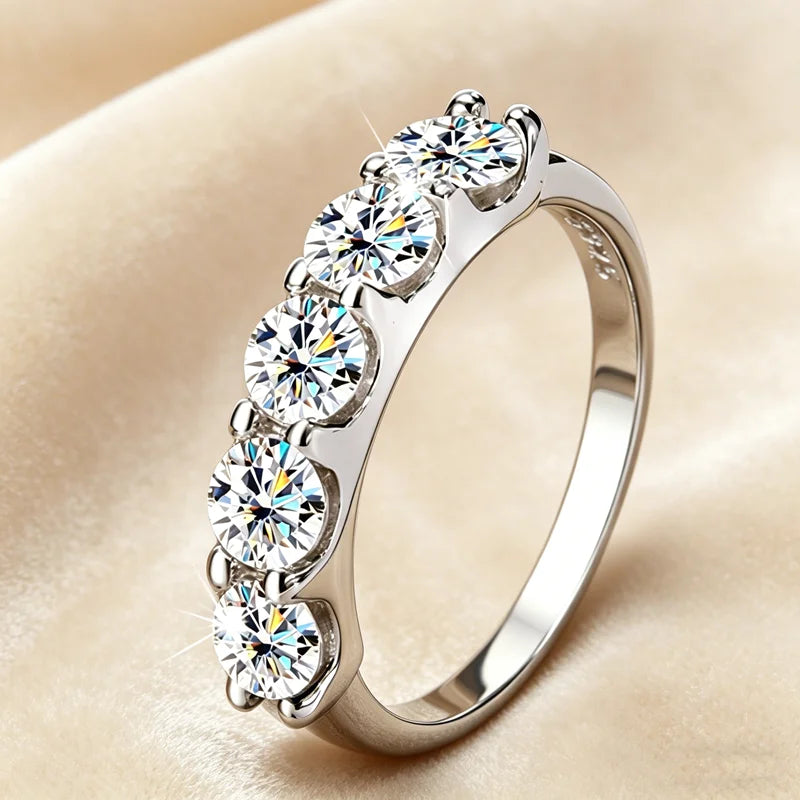 Luxury Fifth Princess Round Brilliant Cut Vvs D Color Full Moissanite S925 Sterling Silver Women Engagement Wedding Ring