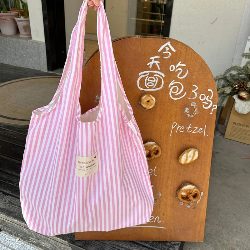 Simple Stripe Women's Shoulder Bag Large Capacity Girls Travel Vest Bag Book Handbags Portable Female Shopping Bags Zipper Tote
