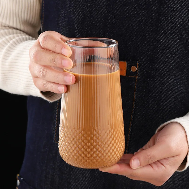 Lazzy Clear Water-drop Shape Ribbed Embossed Tumbler Mug Diamond Bottom Vertical Striped High Borosilicate Glass Cute Coffee Cup