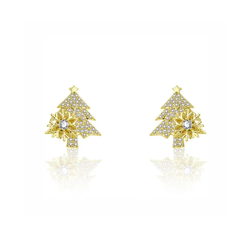 2022 New 925 Silver Women Girls Shiny Zircon Christmas Tree Snowflake Earrings Rotatable Christmas Tree Earrings