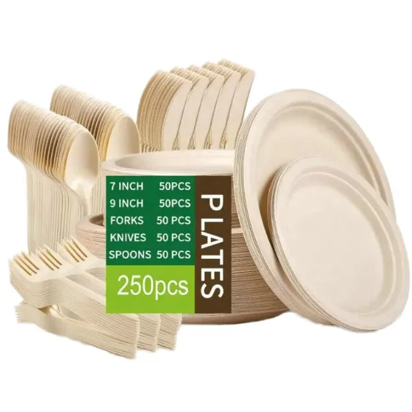 Set of 250 Eco-Friendly Biodegradable White Natural Paper Dinnerware Compostable Disposable Luxury Party Plates Knives Forks
