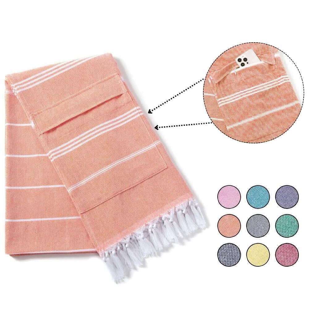 Ailuoha Beach Style Quick-Dry 100% Cotton Soft Touch Long Lasting Turkish Stripe Zipper Pocket Sports Towel