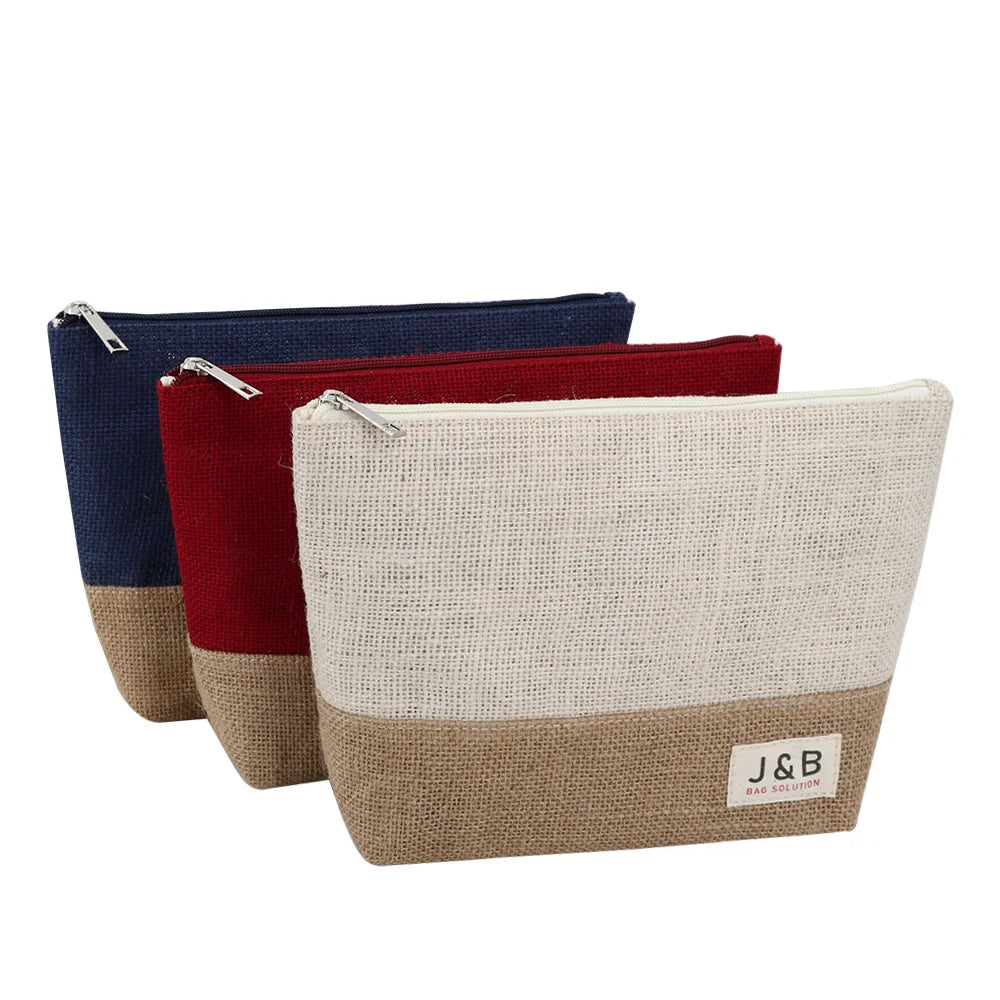 100% Natural Eco-friendly Waterproof Linen Zipper Pouch Tools Organizer Bag Two-Tone Cosmetic Bag Make up Clutch Bag