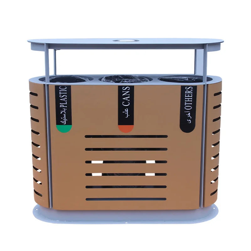 Large Outdoor 3 Compartment Metal Trash Garbage Can Outside Segregated Recycle Waste Bin Commercial Steel Luxury Rubbish Bin