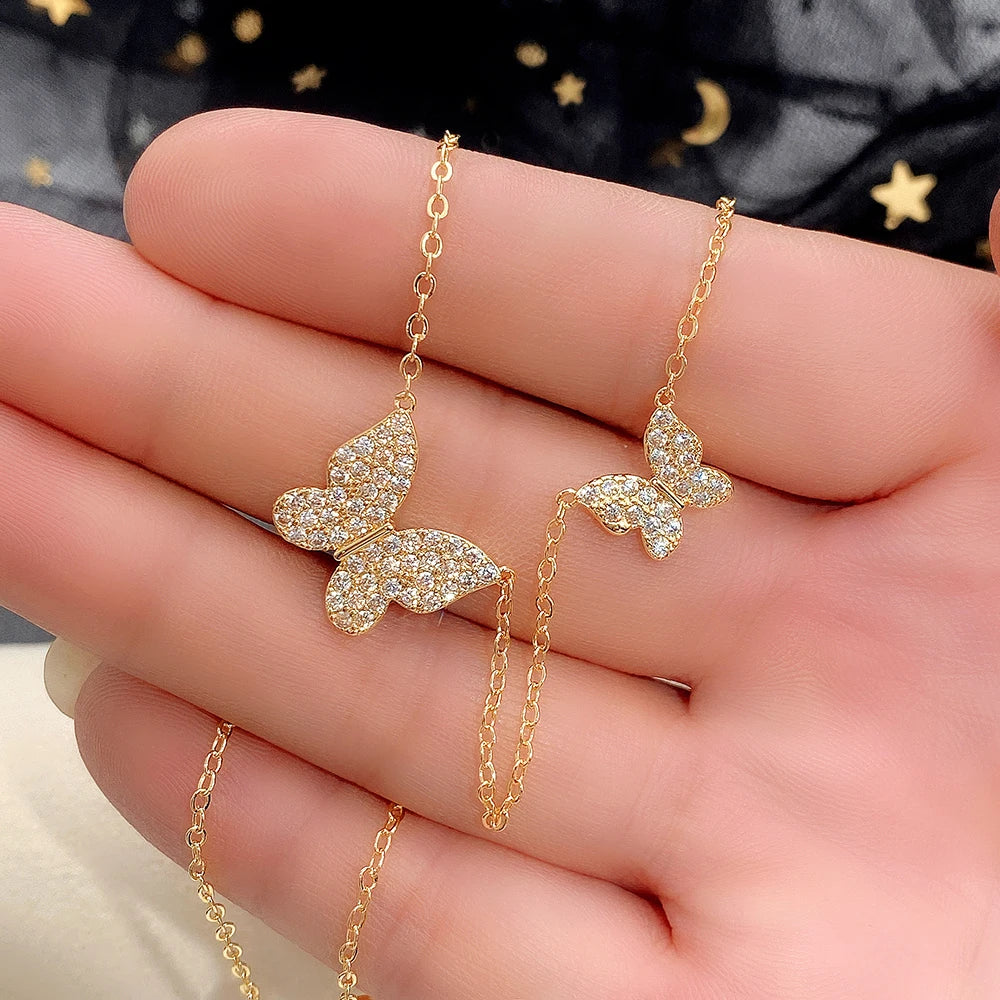 Huitan Two Butterfly Design Cubic Zirconia Gold Plated New Animal Necklaces Wedding CZ Clavicle Chain Necklaces for Women Girls