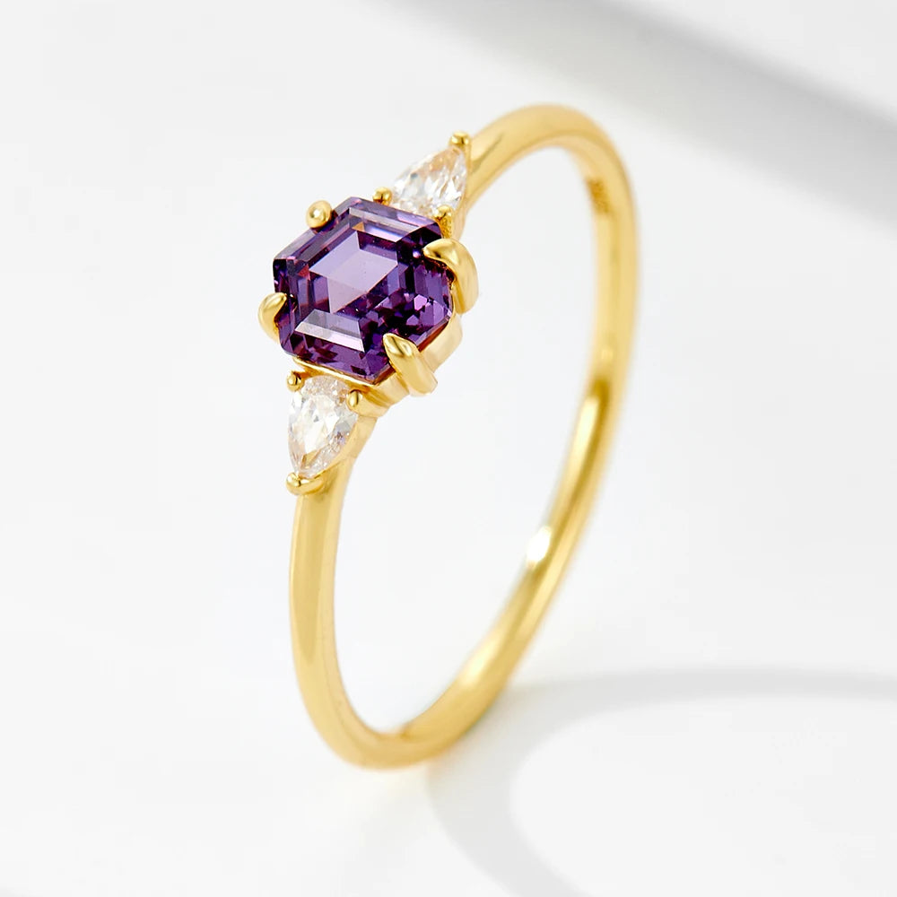 Luxury Elegan Real 925 Sterling Silver Gold Plated Fine Jewelry Simple Geometric Hexagonal Purple Zircont Engagement Rings