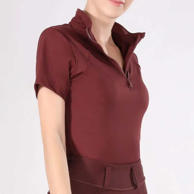 Stand Collar Women Equestrian Base Layer Shirts Short Sleeve Equestrian Base Layer Quick Dry Zipper Horse Riding T-shirts