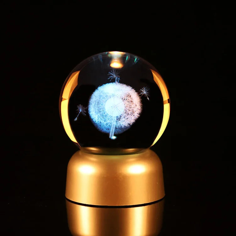 Various Home Decoration Customize Led Light 70 mm Glass Ball 3D Dandelion Laser Engraving Display K9 Crystal Ball MegaBDM