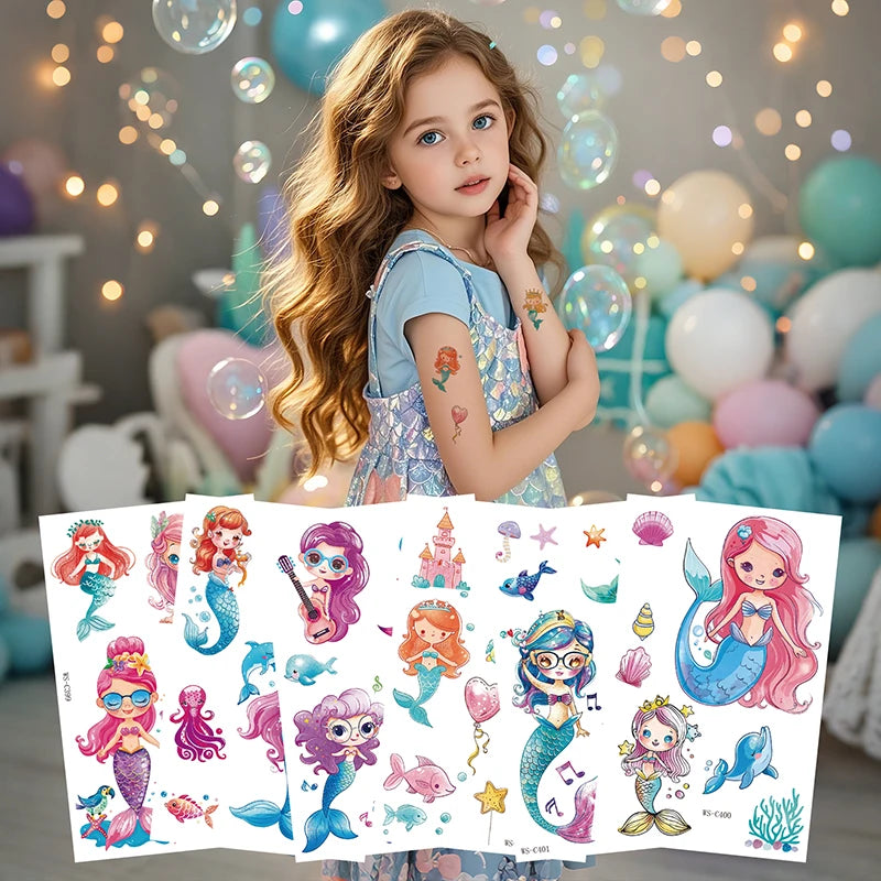 Hot Selling Children's Cartoon Dream Party Princess & Mermaid Theme Temporary Tattoo Sticker Set Waterproof Body Art for Kids