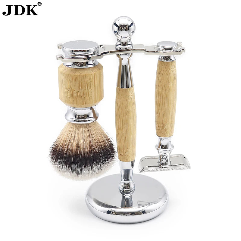 Bamboo Wooden Shaving Kits 3in1 Men's Gift Set Premium Synthetic Shaving Brush Set and Shaving Razor Stand Kit Box