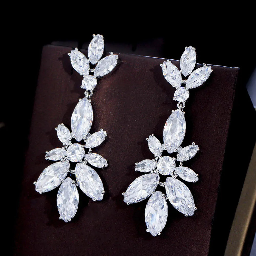 3A Cubic Zirconia Sparking White Gold Plated Long Drop Dangle Bridal Earrings for Women Wedding Party Luxury CZ Jewelry