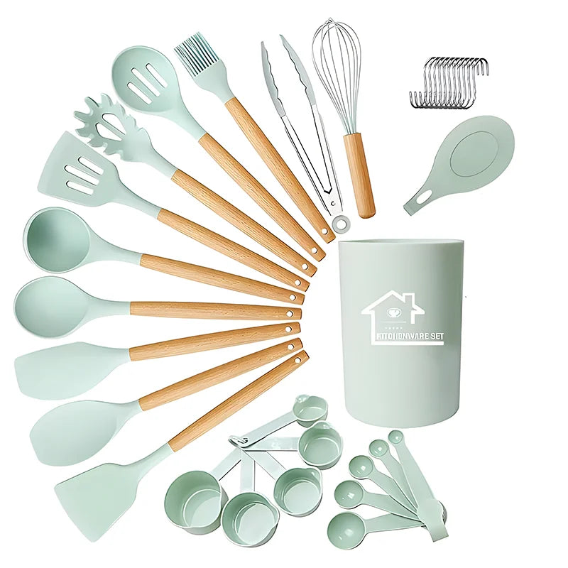 Kitchen Multifunctional Cooking Tools Appliances BPA Free Food Grade With Wooden Handle Silicone Utensil Set