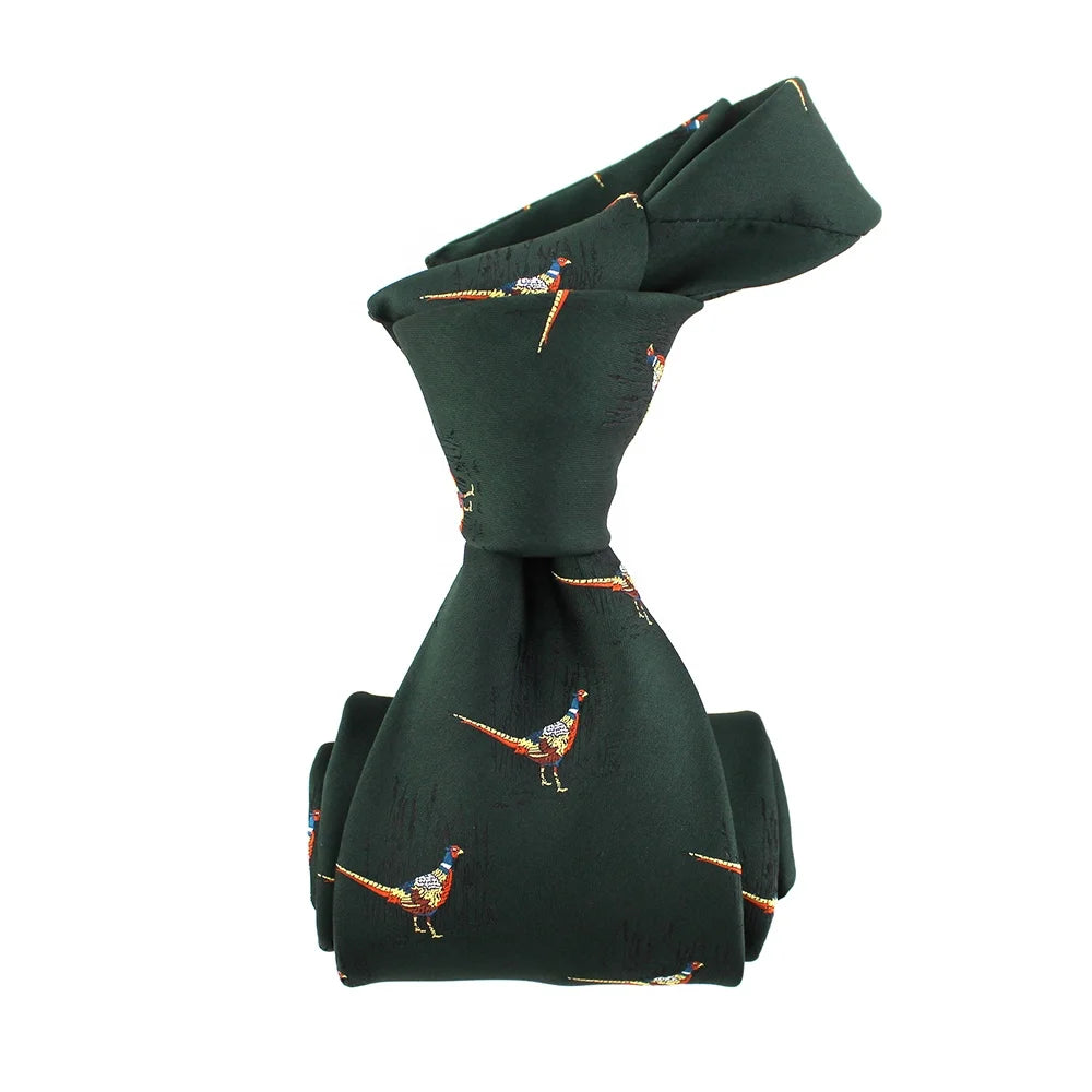 Forest Green Neckties for Men Animal Pattern Polyester Custom Woven Novelty Pigeon Bird Pheasant Tie Design-Your-Own-Necktie