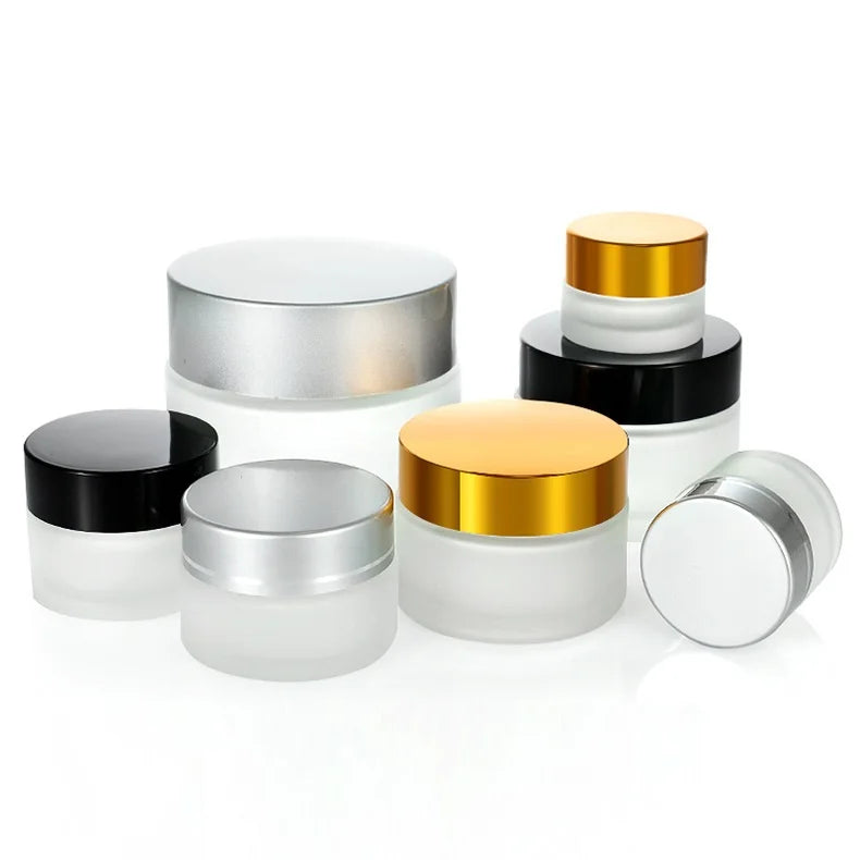 Frosted Matte Glass Jars with Golden Silver UV Coated Cap for Cosmetics Packaging Skin Care Jars