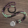 Natural Amethyst Aventurine 108 Beads Long Necklace Yoga Lotus Pendant Healing Gemstone Japamala Beaded Necklace Set Gift