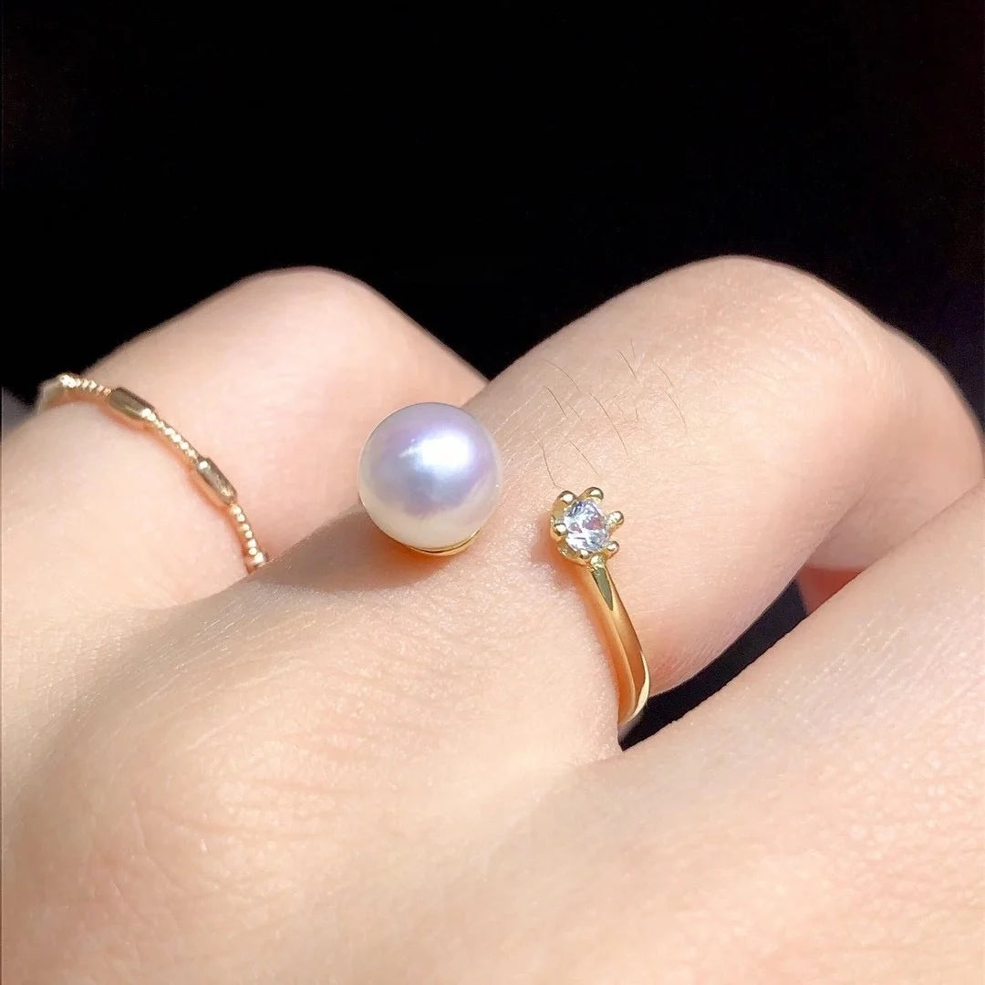 R302  DIY 7-8mm Natural Freshwater Pearl Ring Accessory 925 Sterling Silver Adjustable Size Engagement Jewelry Ring for Women