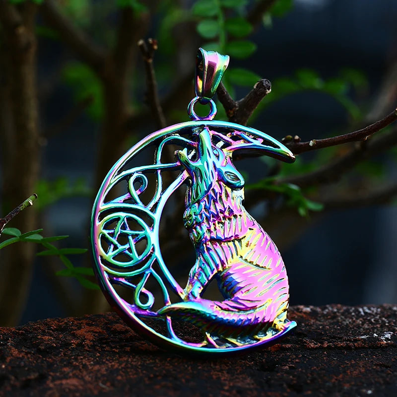 SS8-455P Steel Soldier Wholesale Fashion Colorful Wolf Moon Necklace Retro Moon Time Gem Necklace Wolf Totem Pendant Necklace