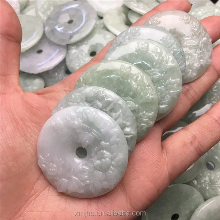 Certified Grade a Factory Wholesale Burma  Jadeite Fine Waxy Carved Flower Pendant Jadeite Thick Rose Donut Donut Pendant