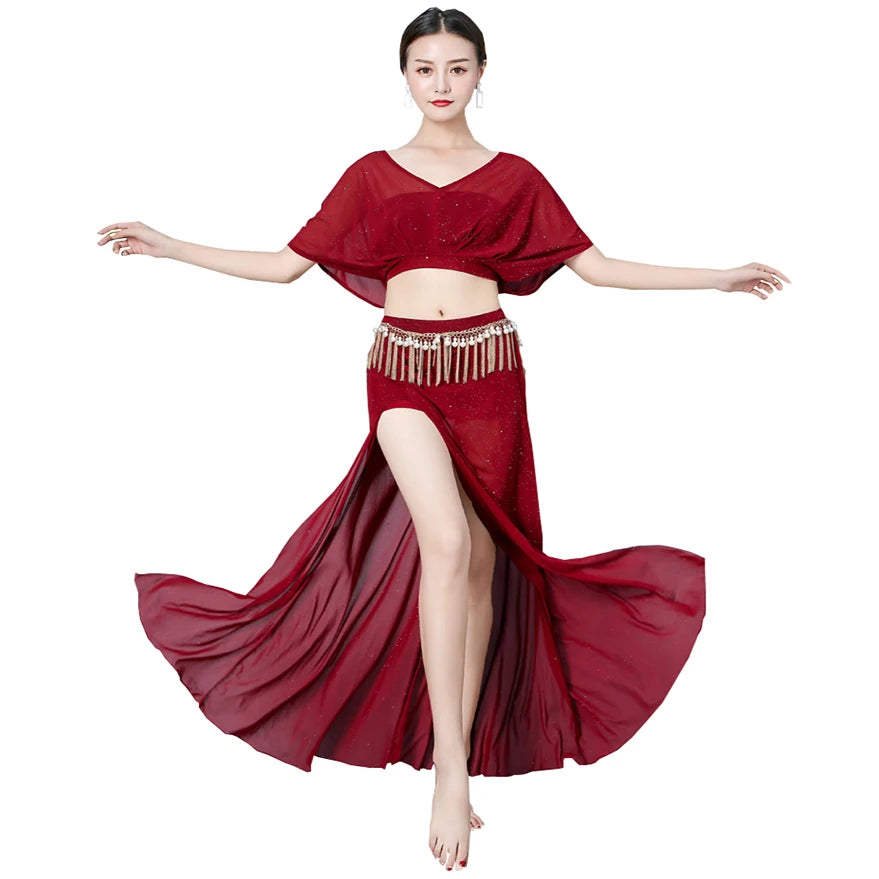 Sexy V-Neck Wide Sleeves Skirt with Shorts Costumes Belly Dance Training Complete Set Practice Dancewear