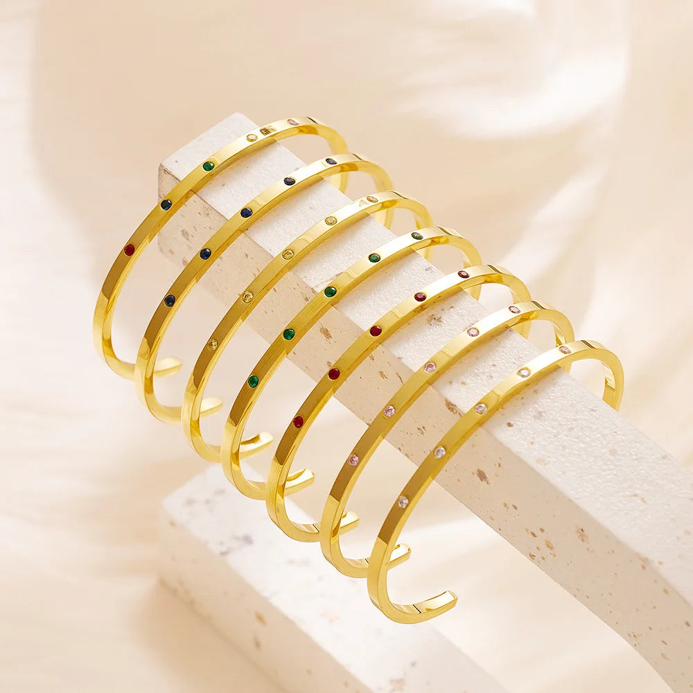 New Waterproof Stainless Steel Cuff Bracelet Design 18K Gold Open Cuff Bracelet Zircon Non Tarnish Bangles Jewelry Women