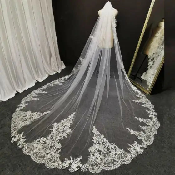 ROMANTIC White Ivory Cathedral Wedding Veils Long Lace One Layer Edge Wedding Accessories Bride Veil