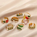 G1538 Trendy Oil Drop Gold Plated Enamel Ring Adjustable Flower Feather Heart Leaf Dainty Jewelry Stainless Rings for Women