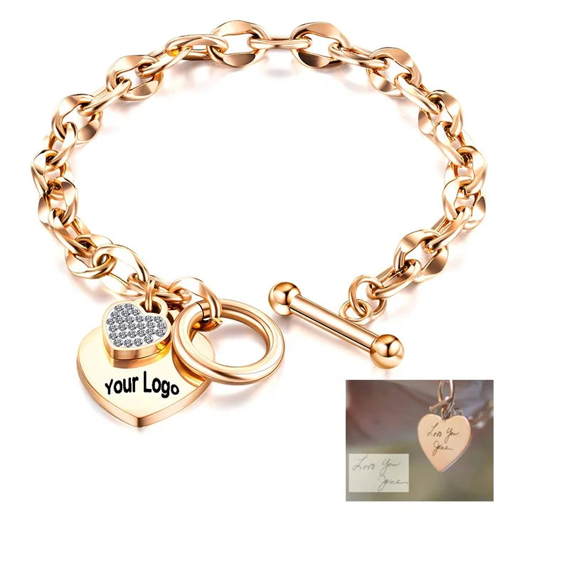 Personalised Heart Charm Promise Bracelet Stainless Steel Engrave Names Bangle Handmade Adjustable Bracelets Jewelry 2022