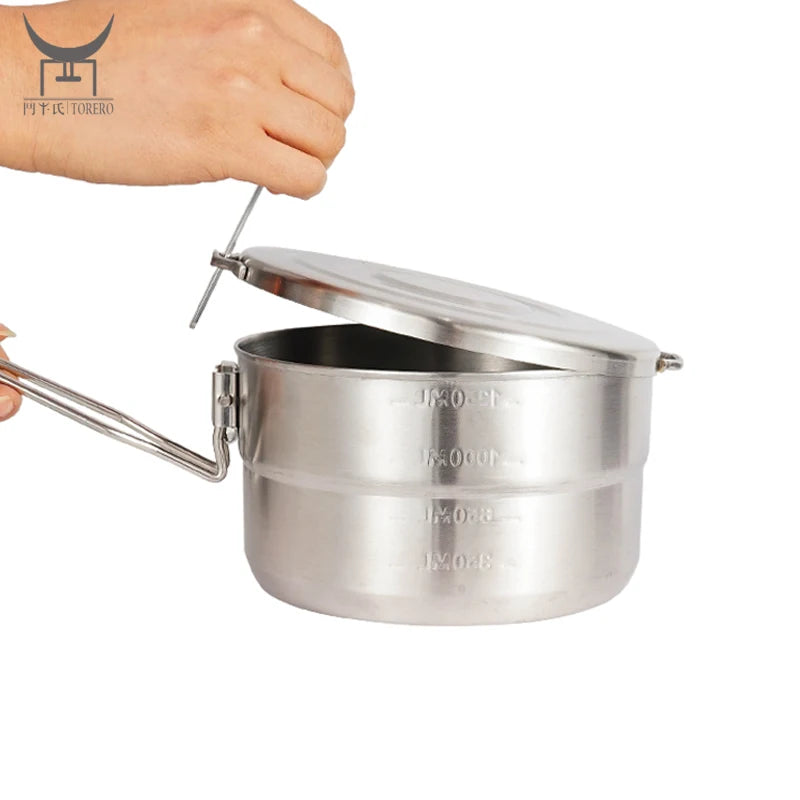 Outdoor Climbing Camping Bento 304 Stainless Steel Lunch Pot Portable Pot with Folding Handle Picnic Cooking Pot for Boiling