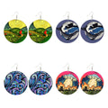 Double Side Printing Japanese Art Ukiyo-e the Great Wave Whale Shark Dolphin Design Natural Wood Wooden Drop Earrings