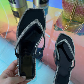 Large Size New square Toe Rhinestone Flat Crystal Jelly Shoes Ladies Flip Flops RF1958