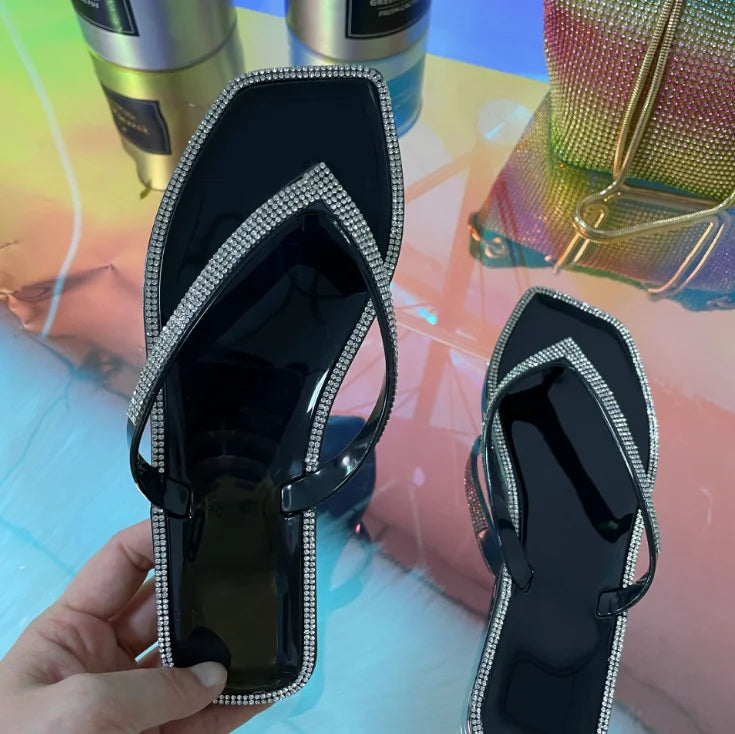 Large Size New square Toe Rhinestone Flat Crystal Jelly Shoes Ladies Flip Flops RF1958
