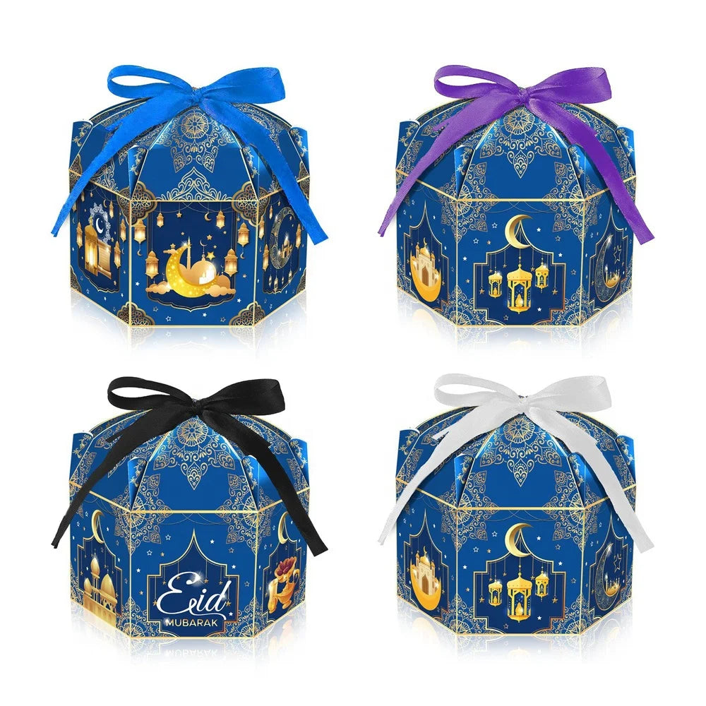 12 Pcs/Pack Hexagon Paper Ribbon Eid Mubarak Ramadan Candy Sweet Chocolate Gift Packaging Box Bag for Ramadan Party Decor