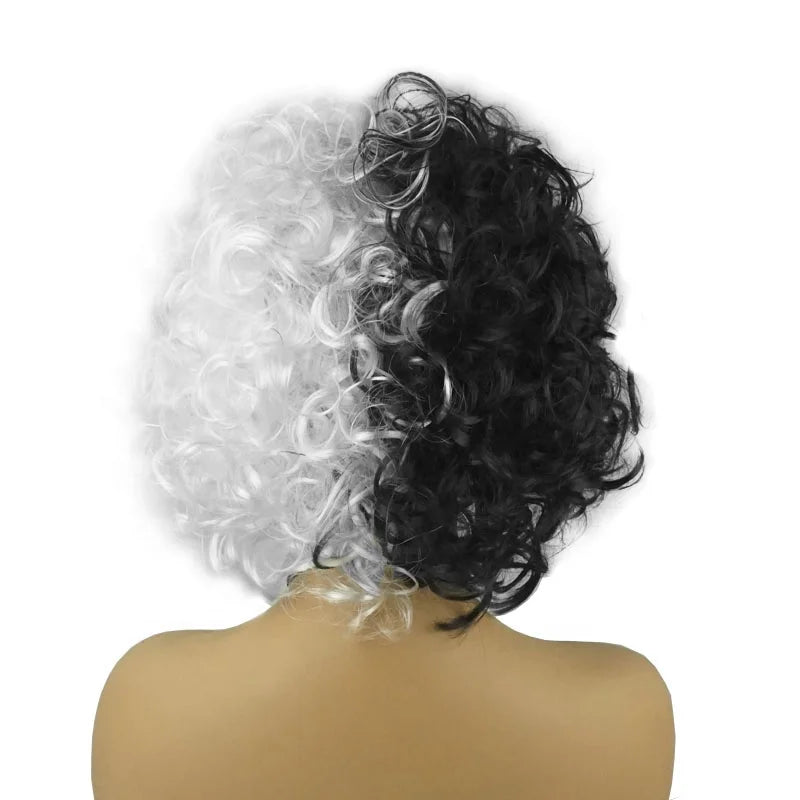Deville Wig Costume Women Black White Wigs for Cosplay Short Half Black White Hair Wig