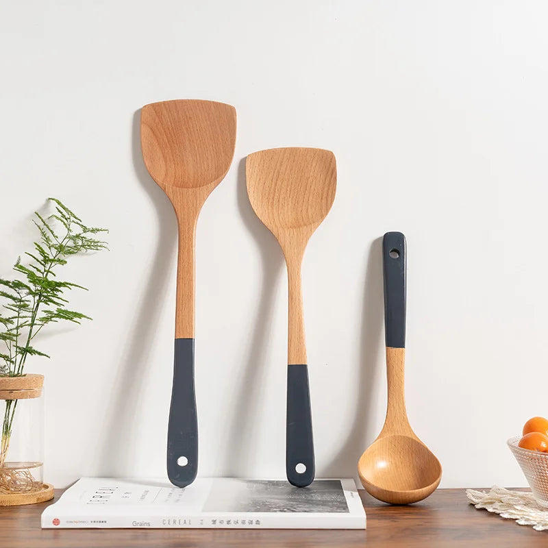 Solid Wood Hand Grip Soup Spoon Spatula with Long Handle Kitchen Utensil Set Sustainable Dishwasher Microwave & Oven Safe