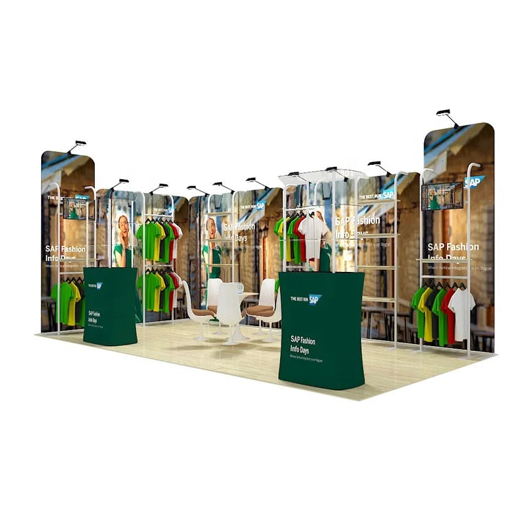 Hot Sale 10 X 20 Standard Tension Fabric Dye Sublimation Aluminum Frame Eco-Friendly Exhibition Clothing Stall Design Trade Show