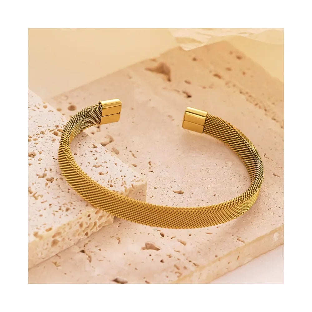 Women 8mm Wide Open Bracelet Bangles High Polished No Tarnish Waterproof 18K Gold Plated Stainless Steel Mesh Cuff Bangle